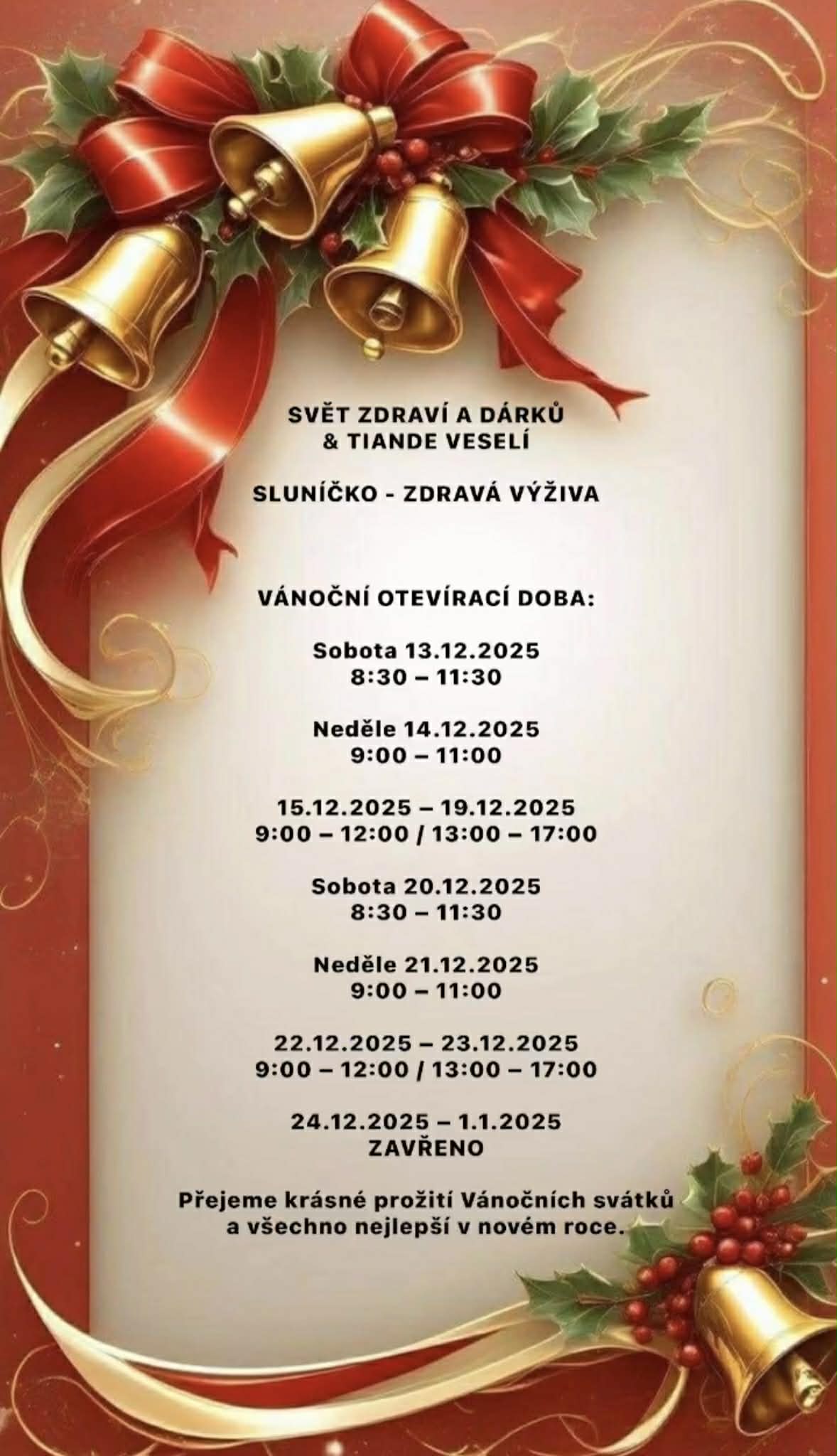 Vánoční otvírací doba Prodejna tianDe Veselí nad Moravou